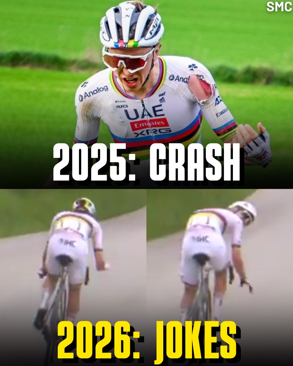 StrongCycling's tweet photo. L😂 Pogacar, una volta passato nel tratto in cui un anno fa cadde rischiando di farsi male oltre che a perdere la corsa, si è girato per scherzare con i tifosi.
👌🏻 Verso la telecamera ha fatto segno di andare piano ridendo, memore di quanto successo un anno prima.

📸Getty Images https://t.co/lFDyjHP25o