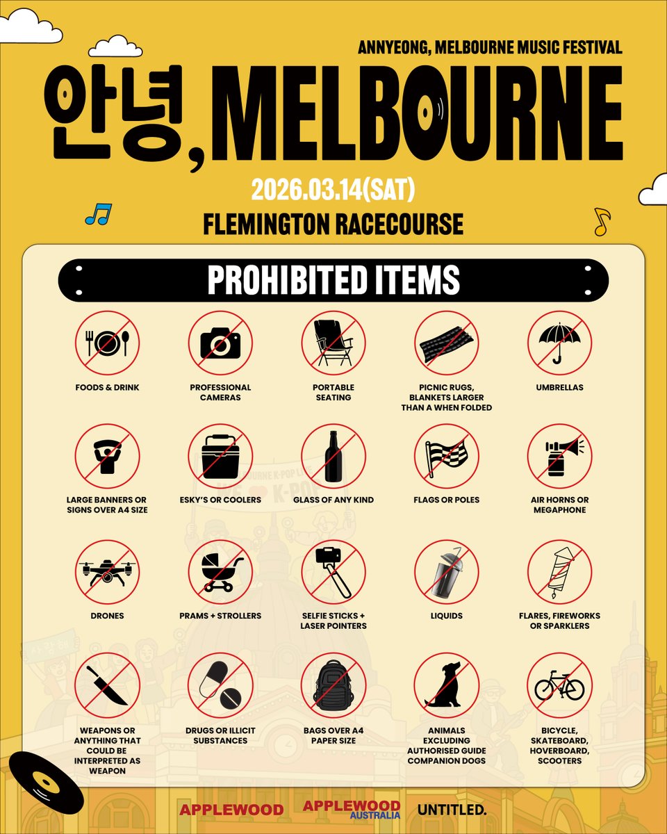 💛 Annyeong Melbourne Festival is almost here! 💛

Everything you need to know before the show is here!
Check the directory, timetable, prohibited items, and what to bring in advance.
Let’s keep the event safe and smooth for everyone 🎶 ✨

𝟮𝟬𝟮𝟲 [안녕, 𝗠𝗘𝗟𝗕𝗢𝗨𝗥𝗡𝗘]