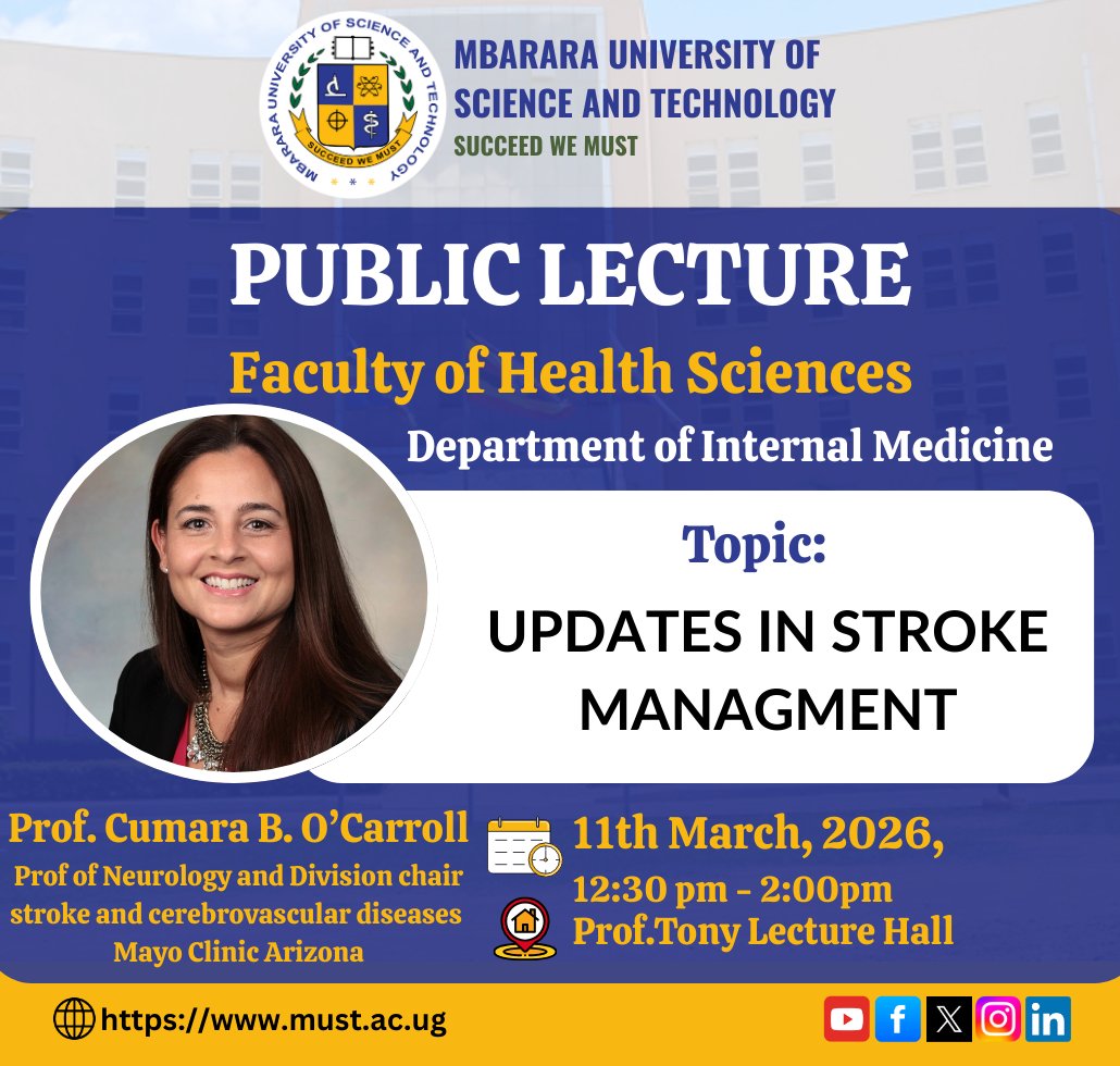 MbararaUST's tweet photo. Stroke management requires rapid recognition and timely intervention. 

This public lecture will cover the latest strategies for managing this critical neurological emergency, from early diagnosis to advanced reperfusion therapies.

Join online via zoom
Meeting ID: 959 9649 0689 
Passcode: 248913