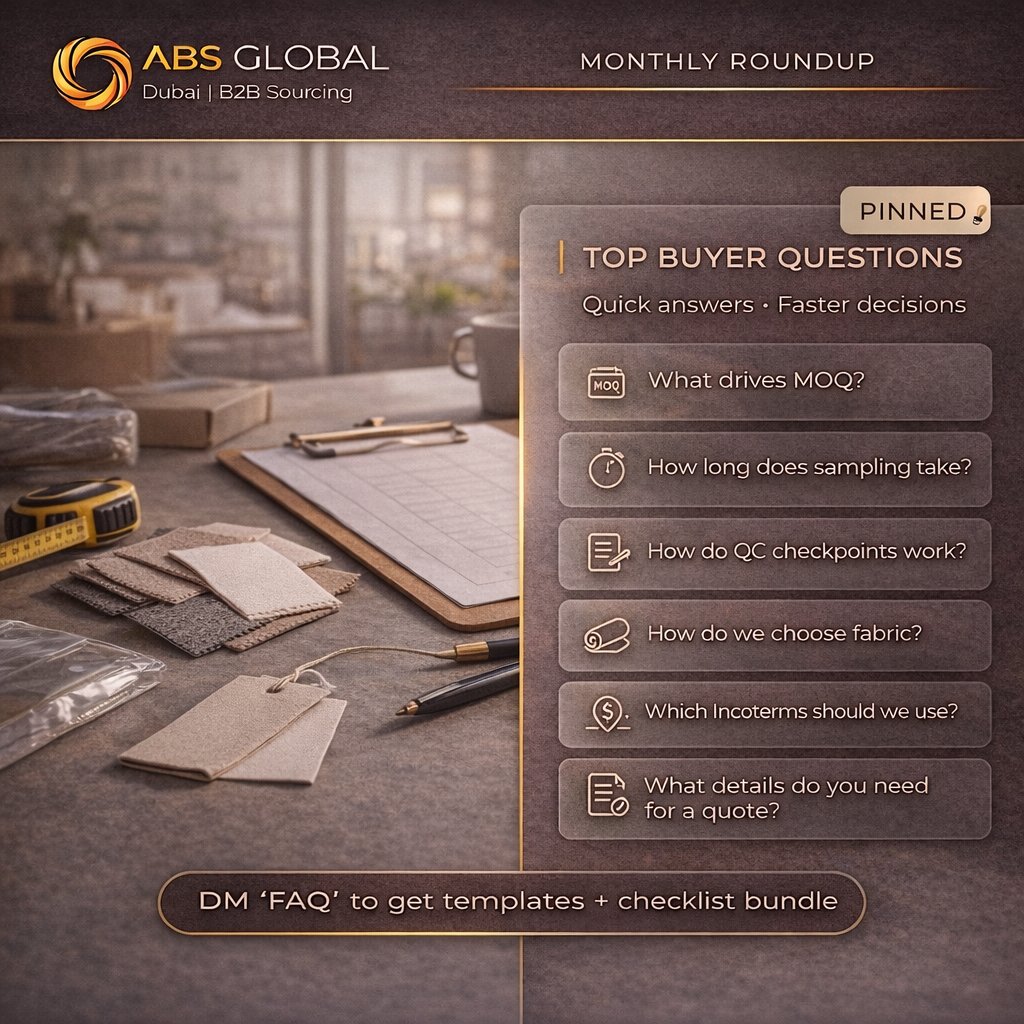 AbsGlobalCorp's tweet image. FAQ roundup: MOQ drivers, sampling steps, QC checkpoints, fabric selection, shipping terms.
DM “FAQ” for templates bundle.

#PrivateLabel #ApparelSourcing #SupplyChain #B2B