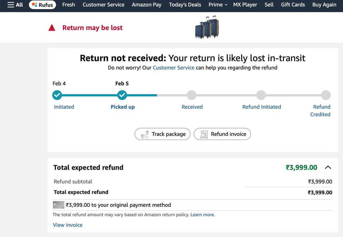 technicohimansh's tweet image. Very disappointing experience with @amazonIN and @AmazonHelp.

I ordered Safari Genius Alley Set of 3 Trolley Bags on 19 Jan 2026 (₹4010). However, I received only one bag instead of the set of three.

I immediately raised a complaint and initiated a return.
#amazon #amazonindia