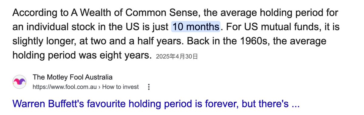 70-80%投资股票的人，包括美股的人，自以为是在投资，但实际上和赌博差不多。

看过一个统计，美股投资者持有单只股票的平均时间只有 10个月；共同基金的平均持有期稍微长一些，但只有2.5年。

持有一只股票10个月，是什么概念？

这意味着，你大概率不是在赚企业长期成长的钱，