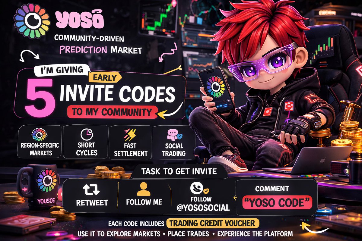 5 YOSO INVITES CODE FOR GRAB 

If u want to participate read this properly first.

A new prediction market worth paying attention.  

Recently came across <a href="/yososocial/">Yoso 👁️ - Social Prediction</a> a community driven prediction market experimenting with a different approach to trading narratives.

Most