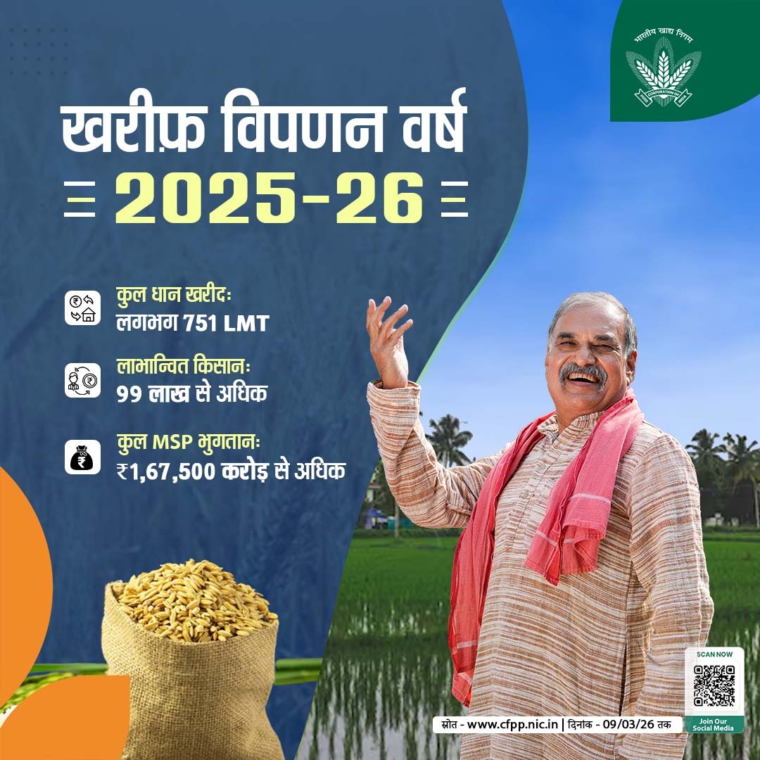खरीफ विपणन वर्ष 2025–26 में MSP पर धान की खरीद के माध्यम से किसानों को सशक्त समर्थन प्रदान किया जा रहा है। यह पहल किसानों को उनकी उपज का उचित मूल्य सुनिश्चित करते हुए उनकी आजीविका को सुदृढ़ बनाती है और देश की खाद्य सुरक्षा को और सुदृढ़ करने में महत्वपूर्ण भूमिका निभाती है। 🌾🇮🇳