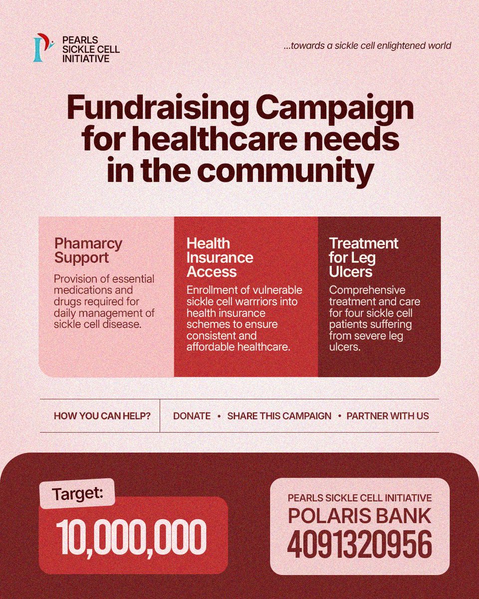 Pearls_SCF's tweet photo. Pearls Sickle Cell Initiative Fundraising Campaign

Pearls Sickle Cell Initiative is committed to improving the lives of individuals living with sickle cell disorder through access to treatment, medication, and essential healthcare support. https://t.co/WKonAV2Nup