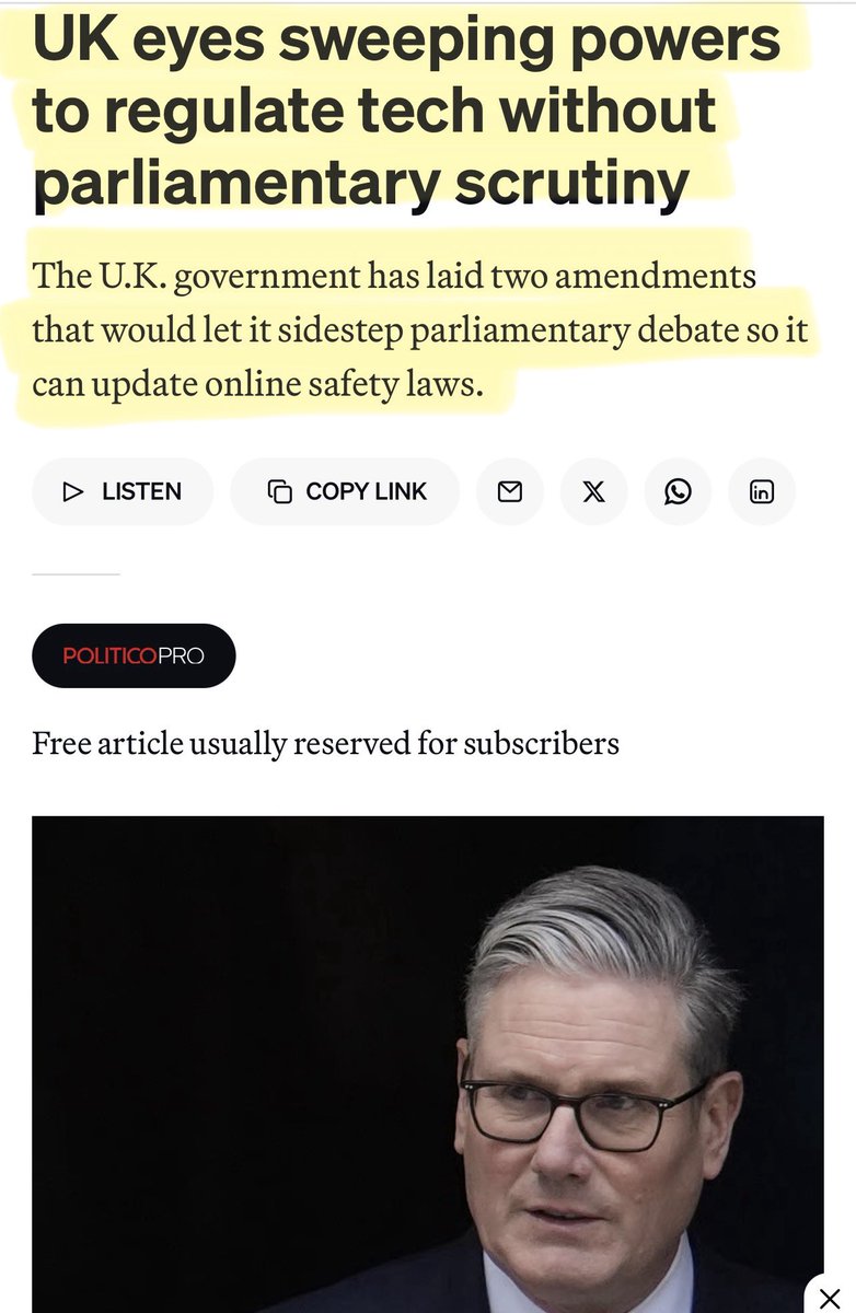Artemisfornow's tweet image. 🚨 Oh look… The government is giving itself some new powers, according to Politico Europe.

▪️An amendment to the Crime and Policing Bill, would empower any senior government minister to amend the Online Safety Act near unilaterally for the purposes of “minimizing or mitigating