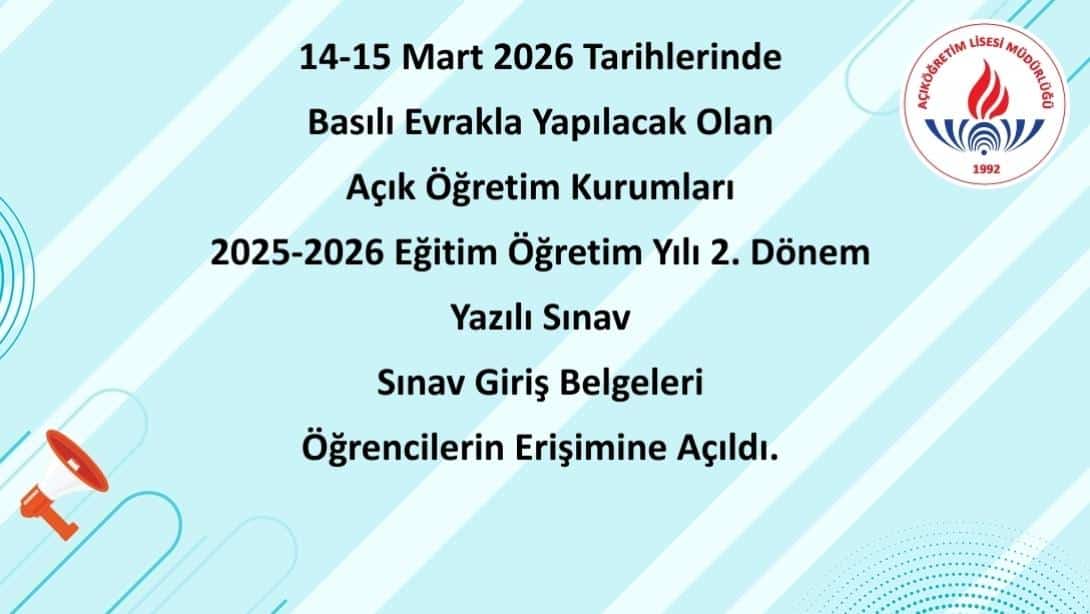 GonenHem's tweet photo. 14-15 Mart 2026 Tarihlerinde Basılı Evrakla Yapılacak Olan Açık Öğretim Kurumları 2025-2026 Eğitim Öğretim Yılı 2. Dönem Yazılı Sınav, Sınav Giriş Belgeleri Öğrencilerin Erişimine Açıldı. https://t.co/q3qQEaSmHo