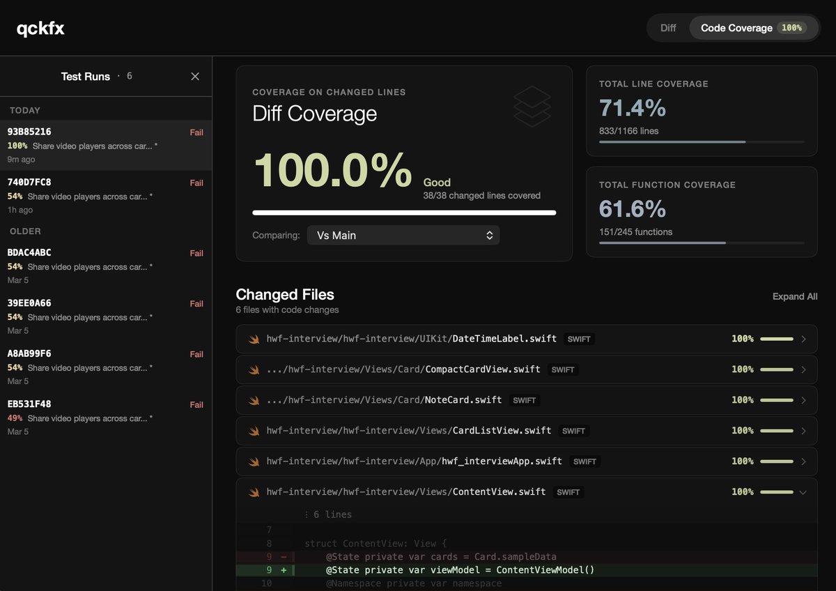 C_H_Wood's tweet photo. sneak peek - working on code coverage for qckfx recorded tests and a lot of new views in the @qckfx_ app. 

should be released in the early part of this week! https://t.co/7yBXnNO07P