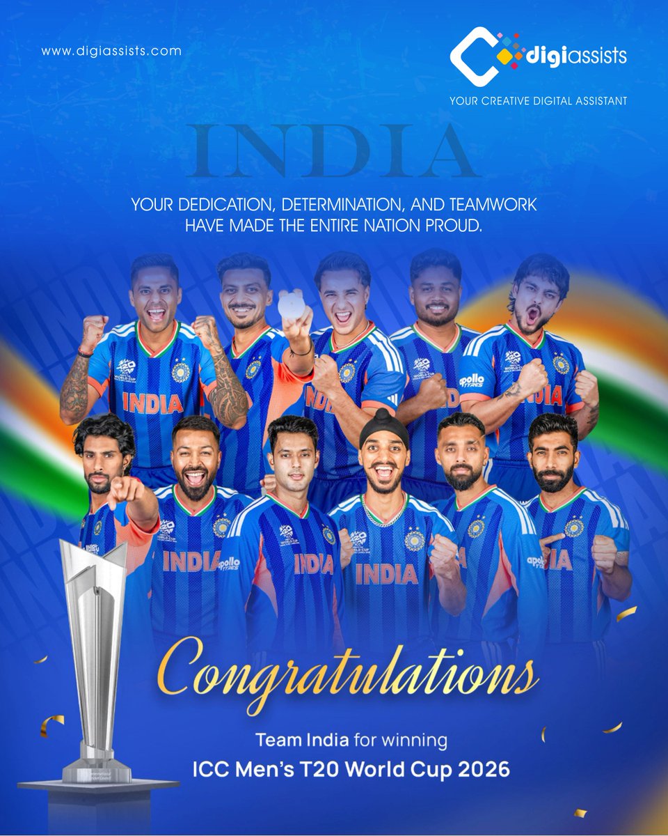 ndrahate_cold's tweet photo. Congratulations to Team India!
On their Incredible Victory at the ICC Men's T20 World Cup 2026! 🏆
Your dedication, determination, and teamwork have made the entire nation proud.
.
.
.
#digiassists #nitinrahate #worldcup #win #victory #worldcupwin #congratulation #teamindia https://t.co/SDD13L9Y8B