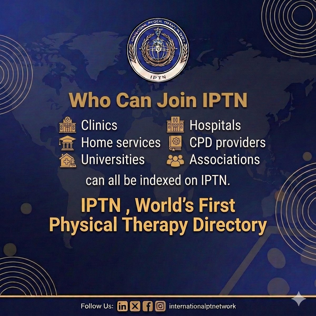 idnbworld's tweet photo. IPTN is built for the entire physiotherapy ecosystem. 

Clinics, hospitals, universities, home services, CPD providers, associations, and suppliers can all be indexed on IPTN. 

Vistit IPTN now : https://t.co/VEQsj9Ra1X 

#RehabServices #PhysioWorld #ipt_alliance https://t.co/WK80Mu3ZRZ