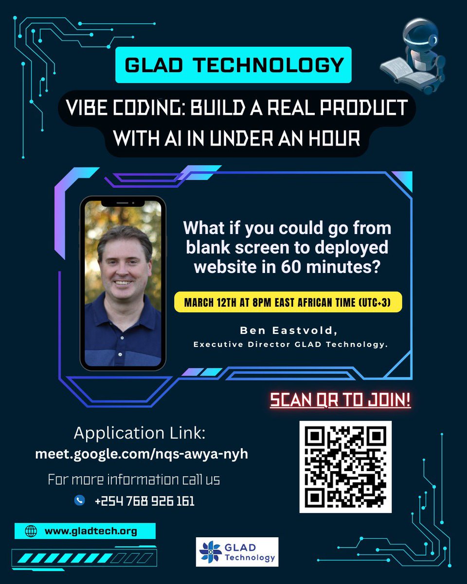 GladTechnology's tweet photo. Join us as we continue the learning journey.
March 12th 2026
8:00 to 9:30 AM EAT (60-min workshop + 30-min Q&amp;A
Google Meet : https://t.co/gK5GI1vMHK

Free and open to everyone
#GLADTechnology #AI #Tech https://t.co/Q97UfoS8xx