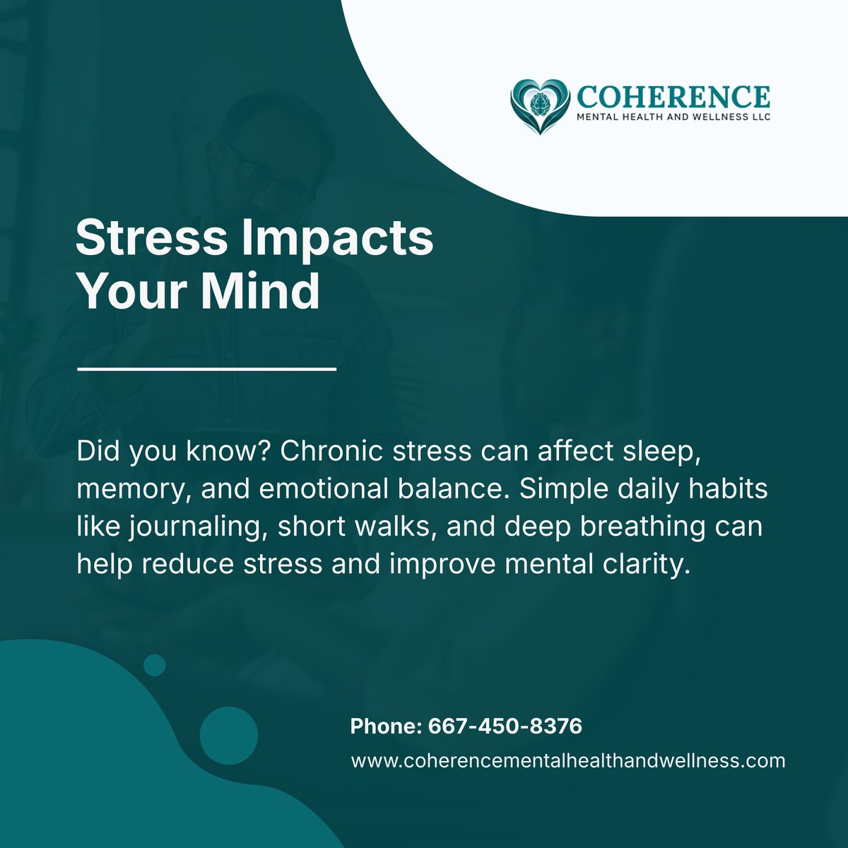 coherence_mh's tweet photo. Stress affects your mind and body. 💭🧠 Journaling, walking, and deep breathing are simple habits that help maintain emotional balance. Start small, feel the difference! 🌿✨ 

#BelAirMD #FallstonMD #EdgewoodMD #AbingdonMD #AberdeenMD #PerryvilleMD #BaltimoreMD #MentalHealthCare https://t.co/fr7PuHLFPz