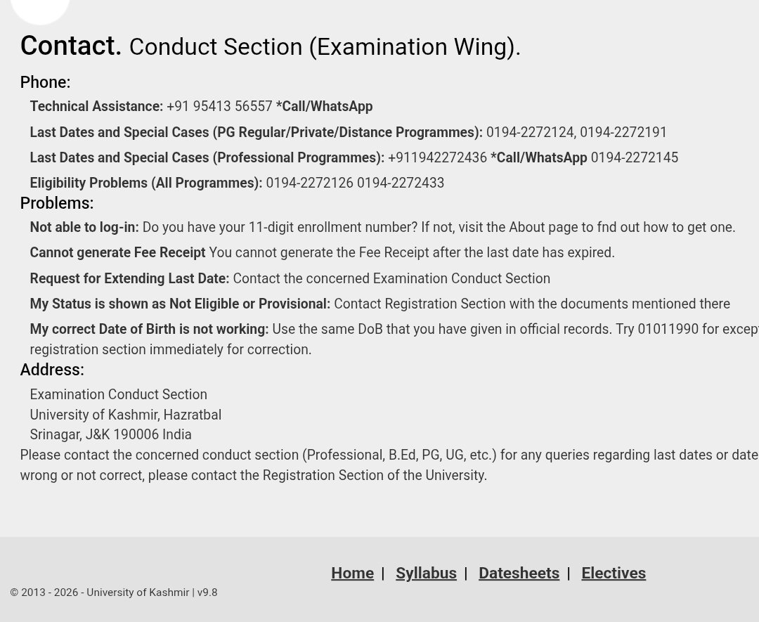 ShahidShafi011's tweet photo. (1/3)
The helpline numbers provided by the Examination Wing, University of Kashmir are not connecting. Despite repeated attempts, students are unable to reach any of the listed contact numbers during critical academic deadlines. https://t.co/OZsF5McBqy