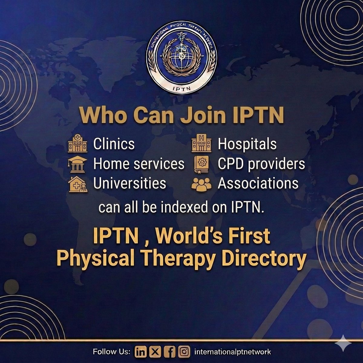 intptnetwork's tweet photo. IPTN is built for the entire physiotherapy ecosystem. 

Clinics, hospitals, universities, home services, CPD providers, associations, and suppliers can all be indexed on IPTN. 

Vistit IPTN now : https://t.co/DieNI30fSe 

#RehabServices #PhysioWorld #ipt_alliance https://t.co/fj8wQoB2Ah