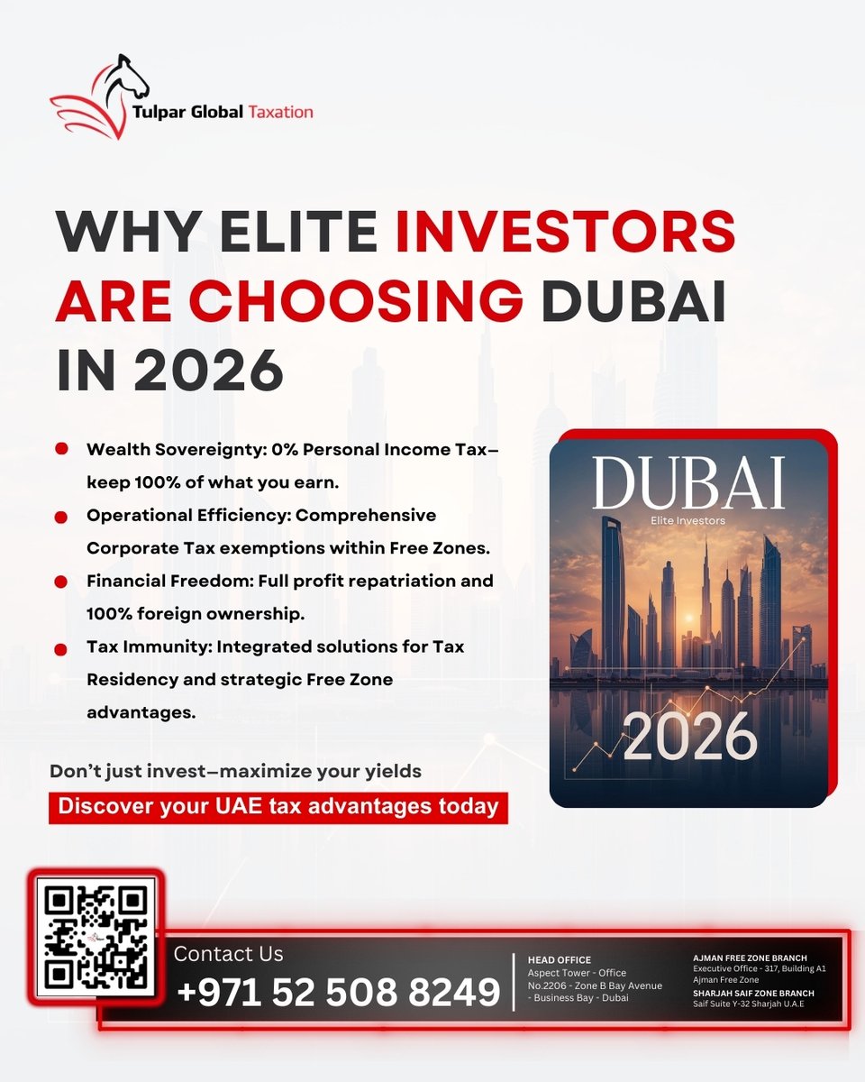 Elite investors are choosing Dubai in 2026.
0% personal income tax. Free Zone benefits. 100% foreign ownership. Full profit repatriation.
That’s not hype. That’s strategy.

📞 +971 54 444 5124
📧 info@tulpartax.com
🌐 tulpartax.com

#Dubai #InvestInDubai #UAE #FreeZone