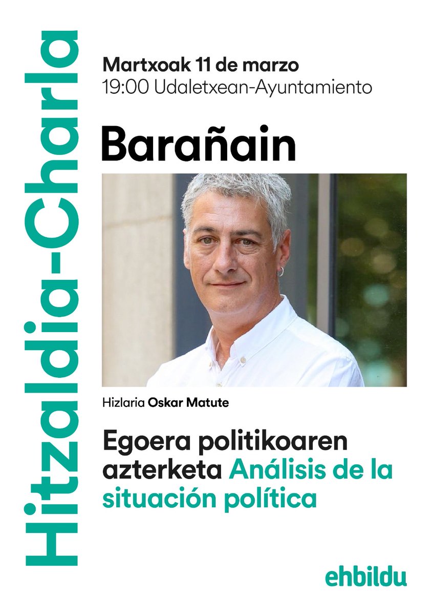 Este miércoles, analizaremos la situación política con <a href="/OskarMatute/">Oskar Matute</a>, en un momento importante ante el avance de la extrema derecha. 
🗓️ 11 de Marzo, Miércoles.
⏰ 19:00 horas.
🏫 Sala Usos Múltiples Ayuntamiento Barañain.