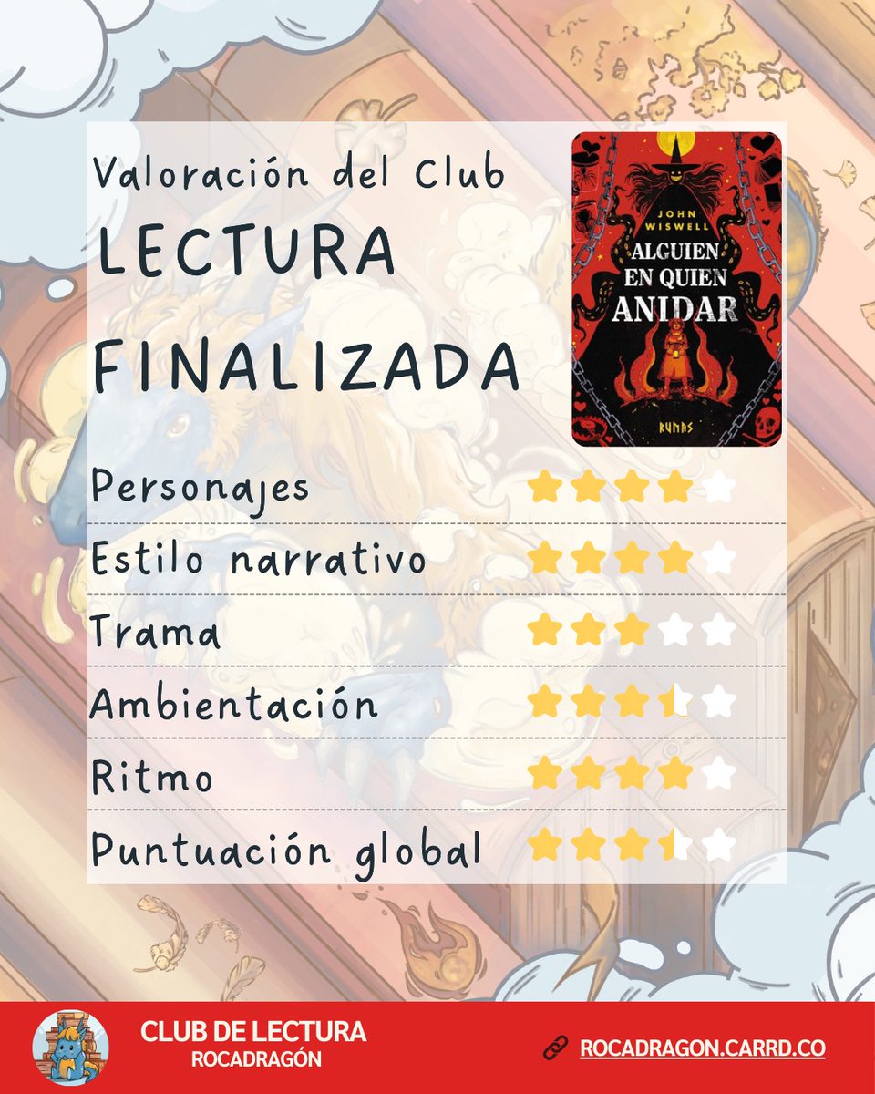 📖 Finalizamos la lectura conjunta de "Alguien en quien anidar" de John Wiswell.

Un viaje "Monster Lofi" que nos ha dejado con sensaciones muy positivas, aunque con algún que otro debate sobre el ritmo.