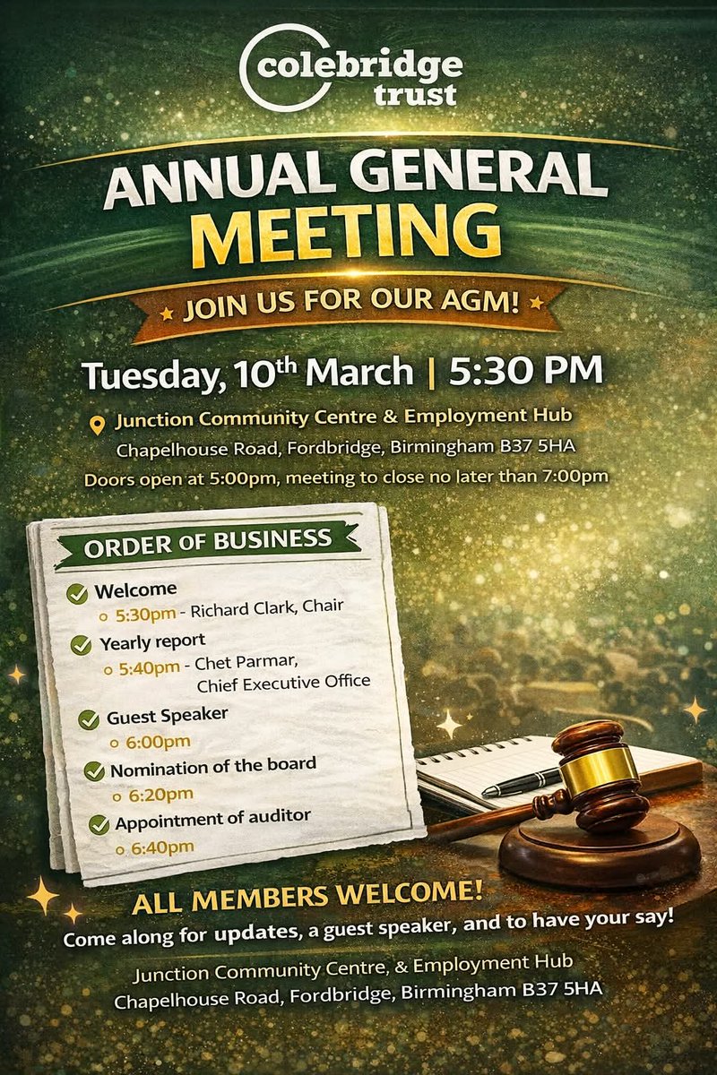 colebridgetrust's tweet photo. Respected former charity CEO and current chair of @BVSC Lisa Martinali will be speaking at our AGM on 10th March 2026.   If you live or work in #Solihull, you can apply for membership.  #charity #birmingham @WestMids_CA @SolihullUpdates @solihullobserve @promotenorthsol https://t.co/q3qFNIFrMw