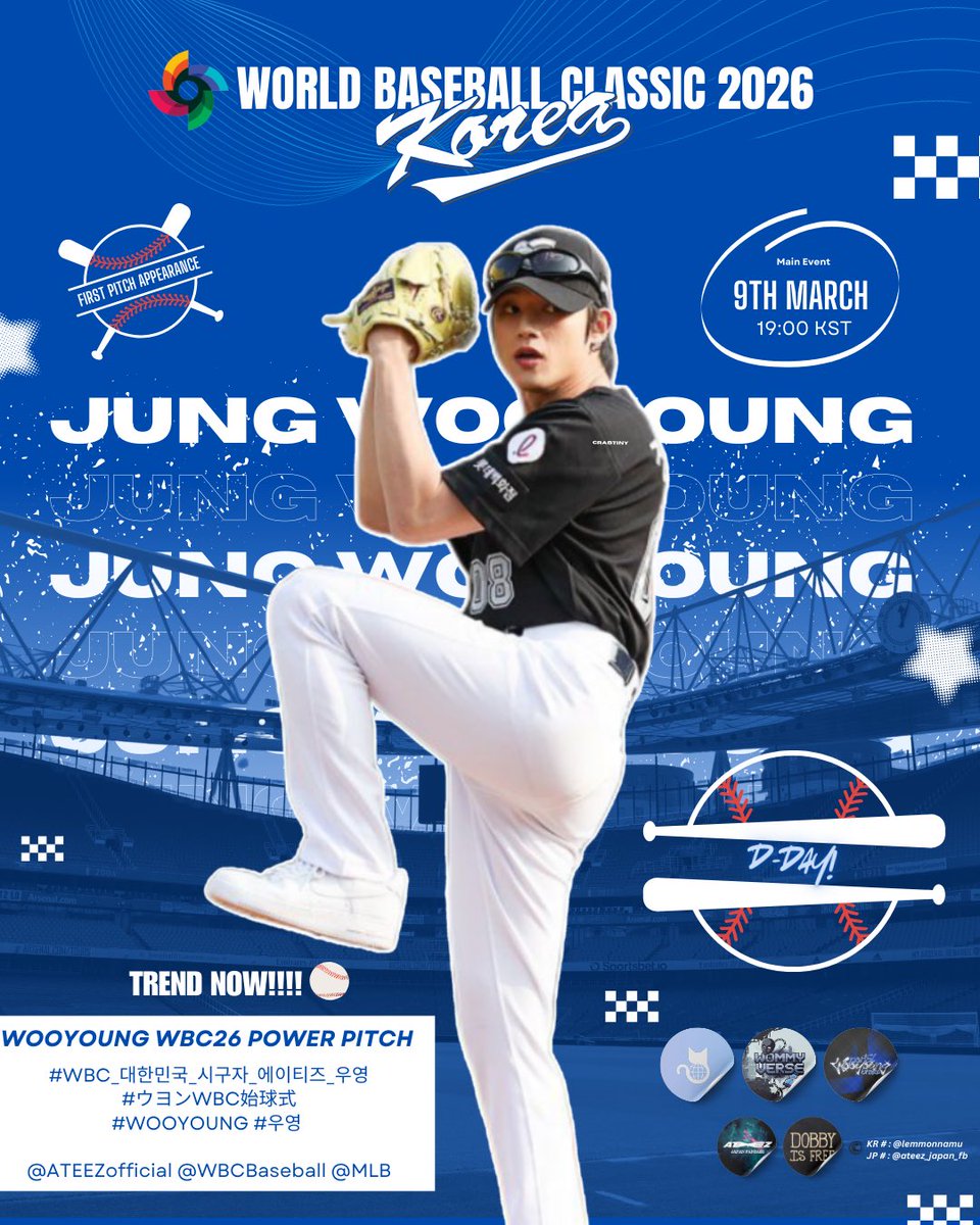 GlobalWooyoung's tweet photo. [📣] It's trending time now!!  
Let's cheer on WOOYOUNG for his first pitch for South Korea national team!⚾️Show your excitement & support :
RT & Reply the Tags below!
🎯: 100 Replies⤵︎

WOOYOUNG WBC26 POWER PITCH
#WBC_대한민국_시구자_에이티즈_우영
#ウヨンWBC始球式
#WOOYOUNG #우영 
@ATEEZofficial @WBCBaseball @MLB