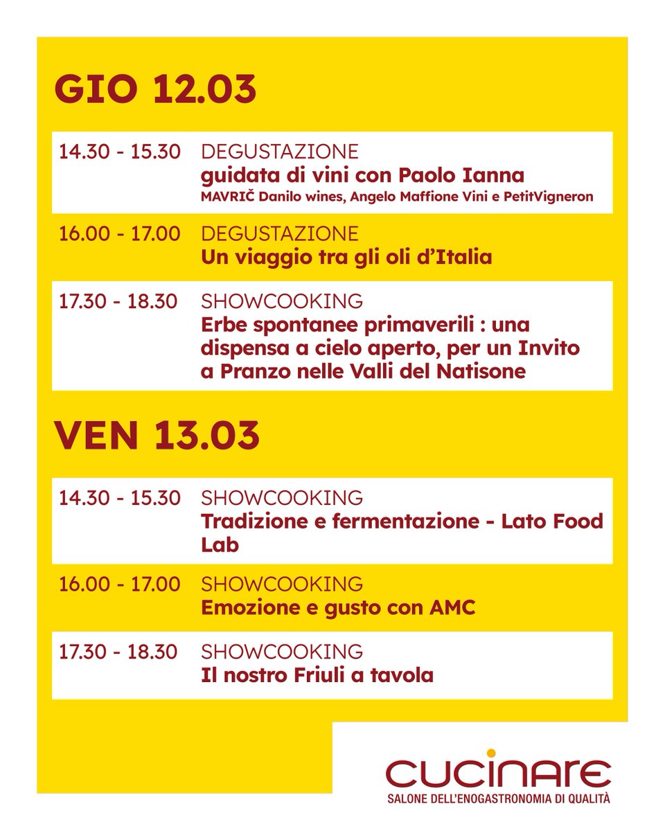 Cucinare 2026 è partita alla grande 👩🏻‍🍳 

Tra showcooking, sapori gourmet e degustazioni di vini e birre, il primo weekend ha regalato momenti indimenticabili. 

Scoprite gli eventi fino a venerdì e il programma completo: tinyurl.com/3uvsntea