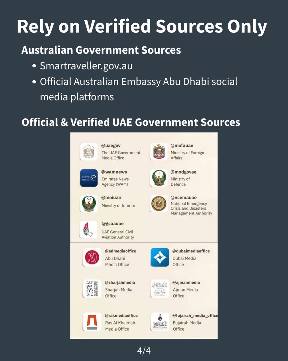 🇦🇺 Australians in the UAE 🇦🇪

We encourage Australians in the UAE to remain vigilant and stay informed through official sources.

• Please follow all instructions issued by UAE authorities.
• Under UAE law, it is illegal to photograph, record, or share footage of security sites