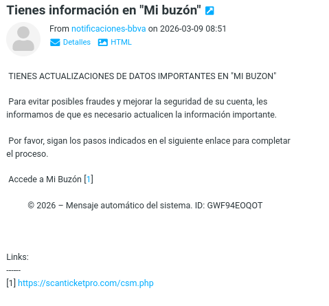 informaticacosl's tweet photo. Sabes cómo te roban el dinero de tu cuenta bancaria? El intento de estafa de hoy: Fíjate cómo se ve el email en modo texto y en modo normal. #phishing #estafa. En modo texto puedes ver los enlaces reales. https://t.co/LG9XL8H17S