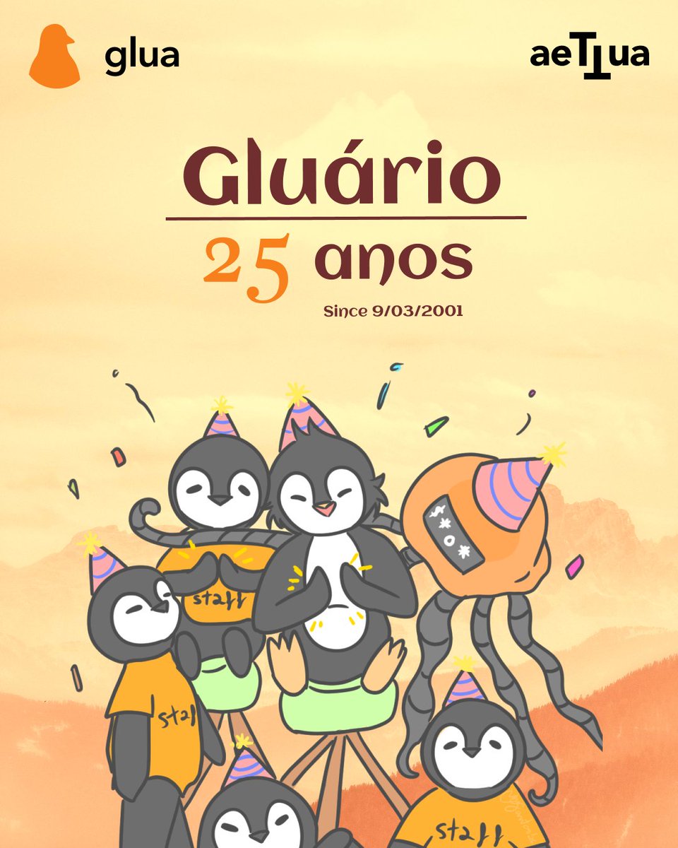 GLUA's tweet photo. O GLUÁRIO (GLUA Aniversário) é hoje! 🐧🎉

O Tux, os membros e a Shelly (a nossa mascote alforreca) estão de parabéns! 🎂

#glua #aettua #ua #aveiro #deti #aniversario #linux #foss #opensource #25anos #glua25anos https://t.co/CVyTxqwMKs
