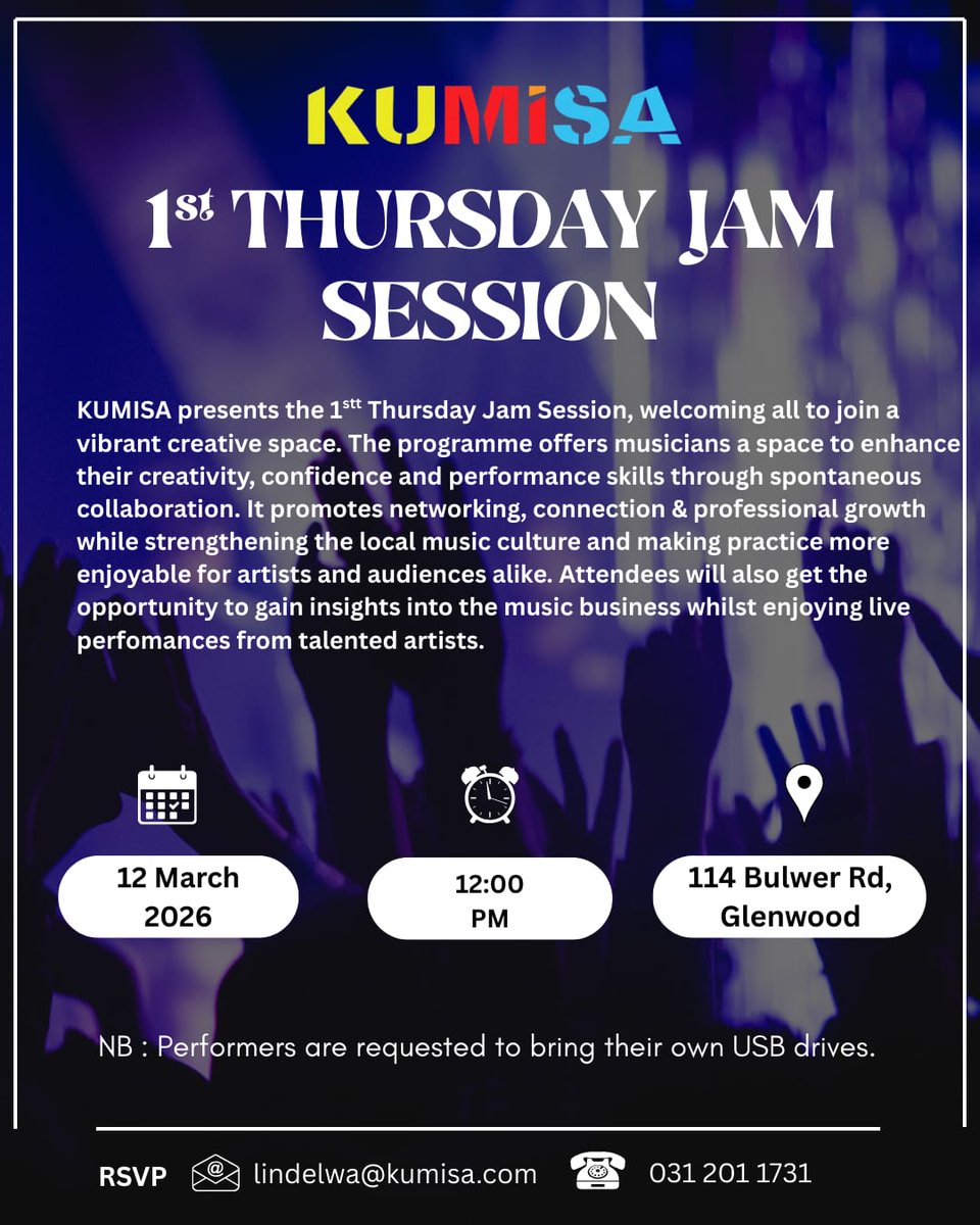 KUMISA_Network's tweet photo. 🎤 Calling All Musicians 

KUMISA is inviting artists to showcase their talent, connect with fellow musicians and take part in an unforgettable jam session.

Those interested can book a performance slot by RSVPing to lindelwa@kumisa.com.

For more details, see poster

#KUMISA https://t.co/s98Ea5iWJo
