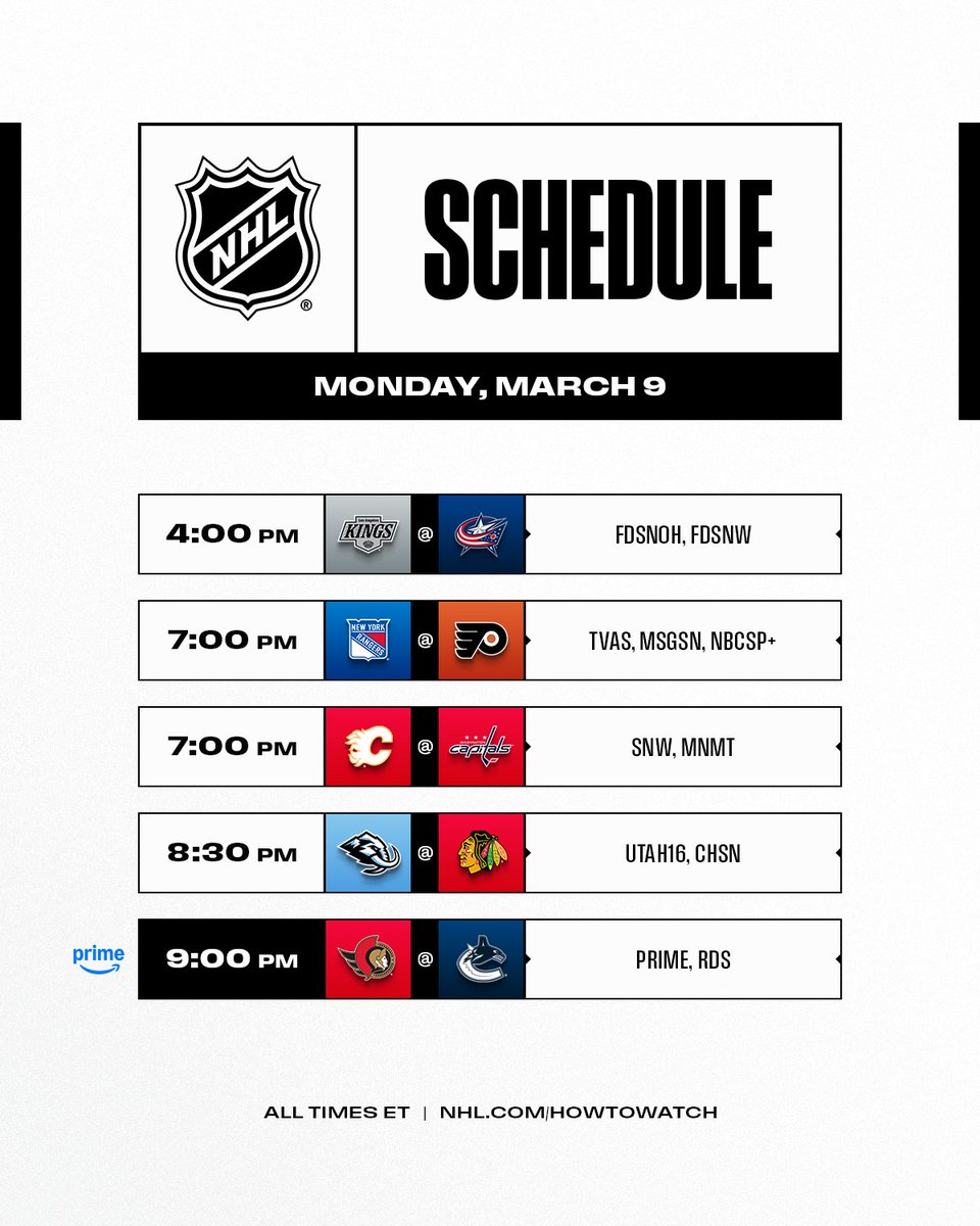 NHLPR's tweet photo. Monday's five-game slate gets started early with a matchup between the @LAKings and @BlueJacketsNHL before the @Senators and @Canucks meet for an all-Canadian clash on @SportsOnPrimeCA. #NHLStats https://t.co/nMr8pweu2H