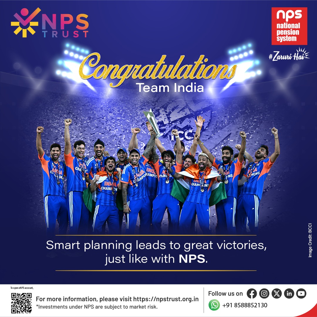nps_trust's tweet photo. Congratulations Team India on becoming T20 World Cup Champions! Every winning journey begins with a strong plan, like NPS.
To open an eNPS account online, please visit https://t.co/WNaIwBmazb
#meninblue #teamindia #cricketworldcup #champions #t20wc2026 #t20worldcup #longinnings https://t.co/BjJMQ3OZ89