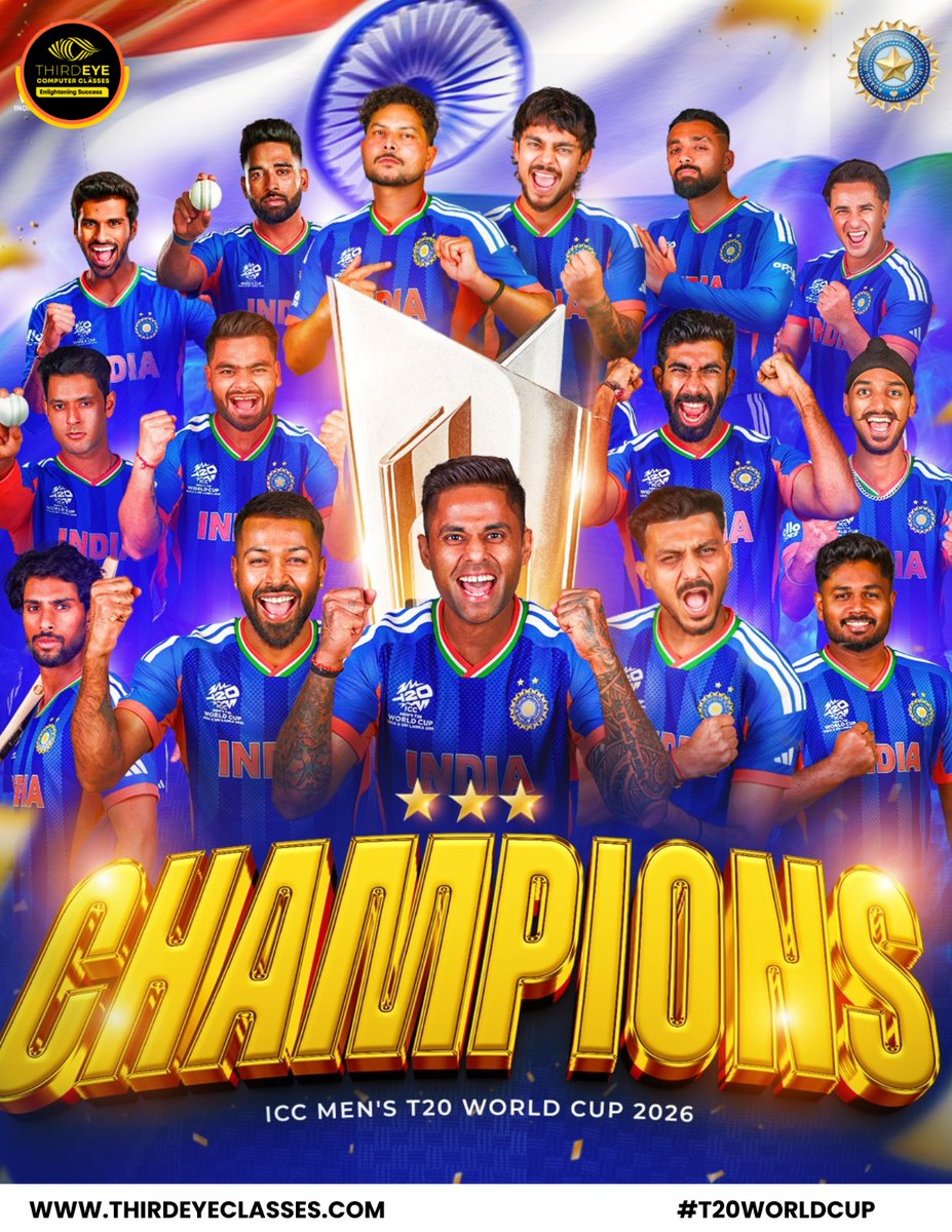 ThirdeyeClasses's tweet photo. Champions once again! 🇮🇳🏆

Team India rises, fights, and conquers the world! 🔥
Proud moment for every Indian! 💙

#TeamIndia #T20WorldCup #Champions #BleedBlue #IndiaWins #ThirdeyeComputerClasses https://t.co/U8kp2QCdTx