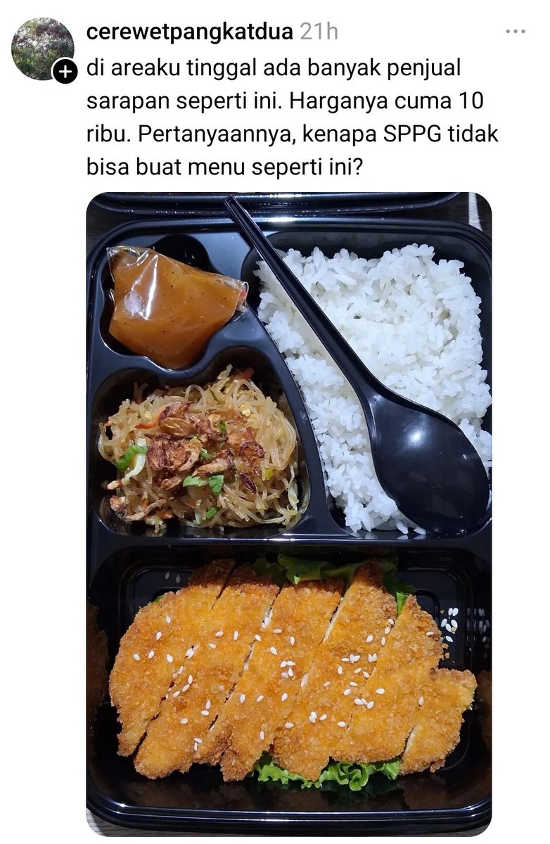 Genuine asking.
Manteman Kepala SPPG dan Ahli Gizi (Pengawas Gizi), apa yang membuat kalian tak mampu sajikan menu seperti dibawah ini?

10K.