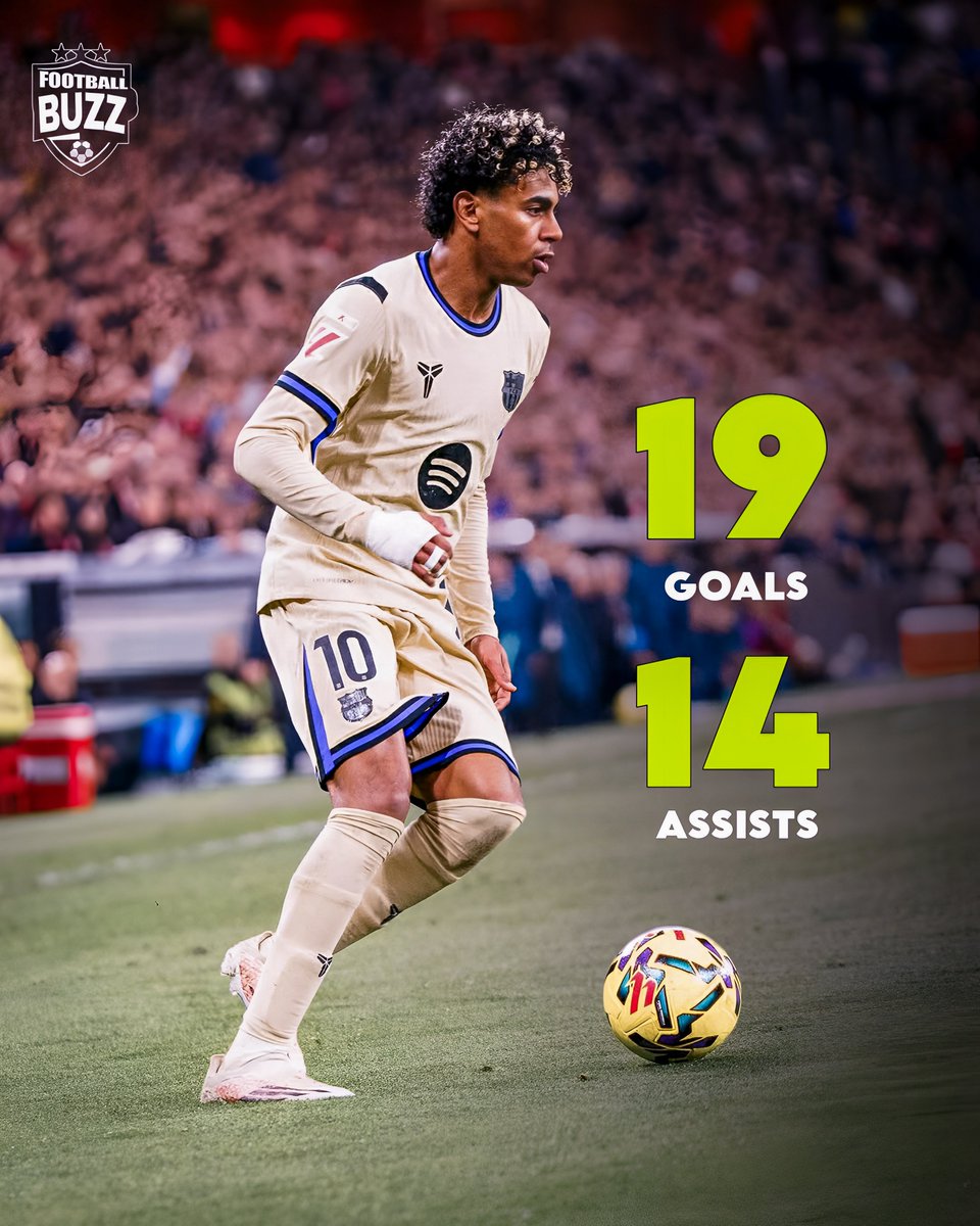FOOTBALLBUZZ_1's tweet image. 🚨 18-year-old Lamine Yamal keeps shining for FC Barcelona. 🌟🇪🇸

⚽ 19 Goals
🎯 14 Assists

33 goal contributions this season — leading Barça in both goals and assists at just 18. The future is scary good. 🔥

#FootballBuzz #LamineYamal #Barca #LaLiga