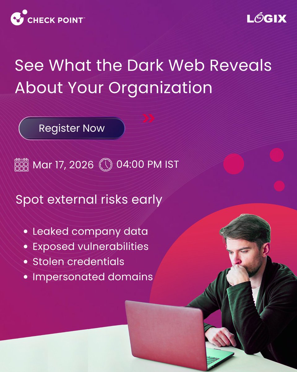 logixInfo's tweet photo. 90% of cyberattacks start with data already available on dark web. Is your organization unknowingly exposed on the Dark Web?

Uncover leaked credentials, vulnerabilities &amp; more in this exclusive webinar.

Join our webinar on @CheckPointSW - External Risk Management. https://t.co/HF4Nz7HmIG