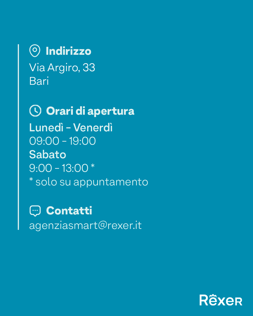 Nasce la sede di #Rexer in una delle città più dinamiche del Sud Italia: #Bari.​
La nostra agenzia è perfettamente inserita nel tessuto cittadino per monitorare tutte le opportunità del mercato immobiliare locale. ​
Ti aspettiamo per una valutazione gratuita del tuo immobile!
