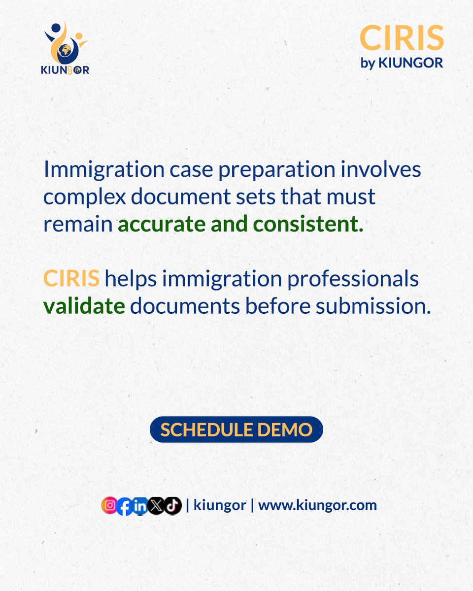 kiungorOrg's tweet photo. Immigration workflows depend on document accuracy.

CIRIS helps immigration professionals validate document sets before submission.
Explore the demo:
https://t.co/a28RjK10RR

#CIRIS #ImmigrationLaw #LegalTech #Compliance #RegTech #DocumentValidation #LawFirms https://t.co/OCQvqAt1pq