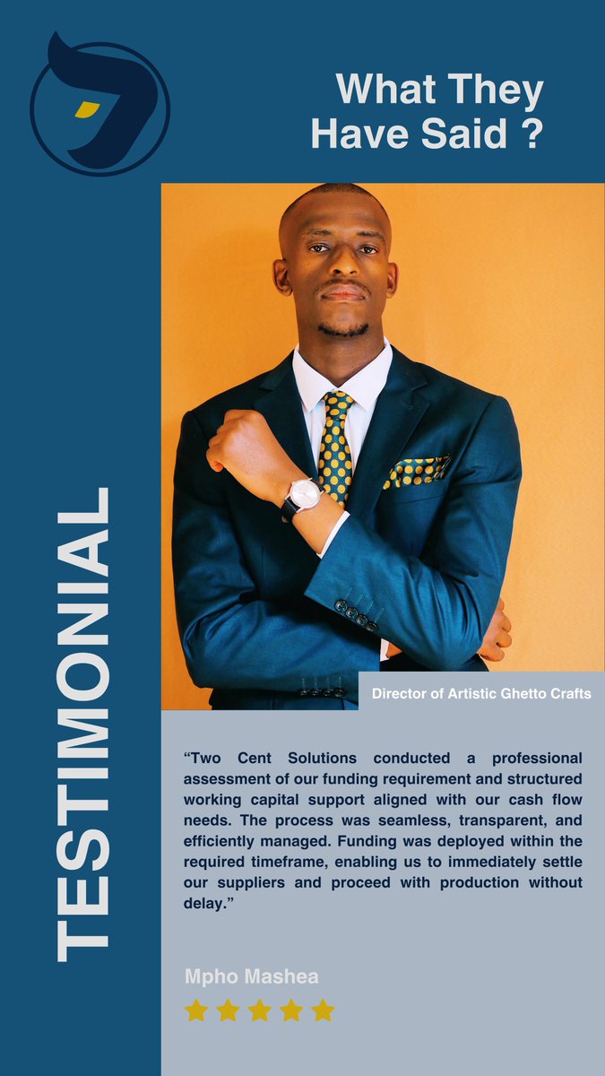 We supported #ArtisticGhettoCrafts with structured #workingcapital after they secured a major opportunity requiring rapid production.

Read More Here: twocentsolutions.co.za/client-stories…

#OpportunityIsWealth #MSME