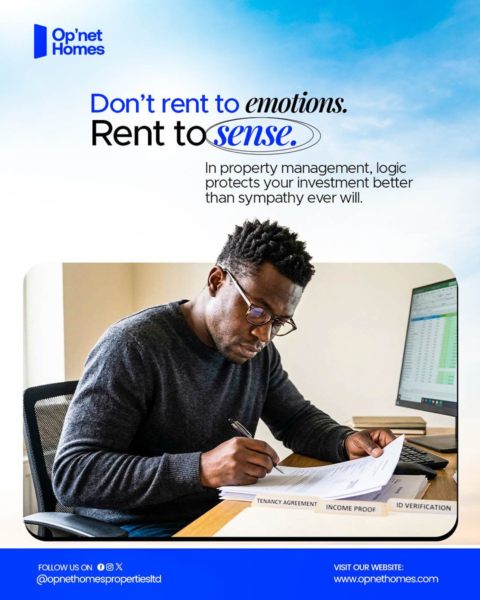 opnethomes's tweet photo. Many landlords make one costly mistake —
they choose tenants based on sympathy instead of screening.

Smart landlords verify first:
✔ Employment
✔ Income stability..

✔ References
✔ Proper agreements

📩 Need help managing your property in Akure?
Send us a DM. https://t.co/7JQ4SYnB8W