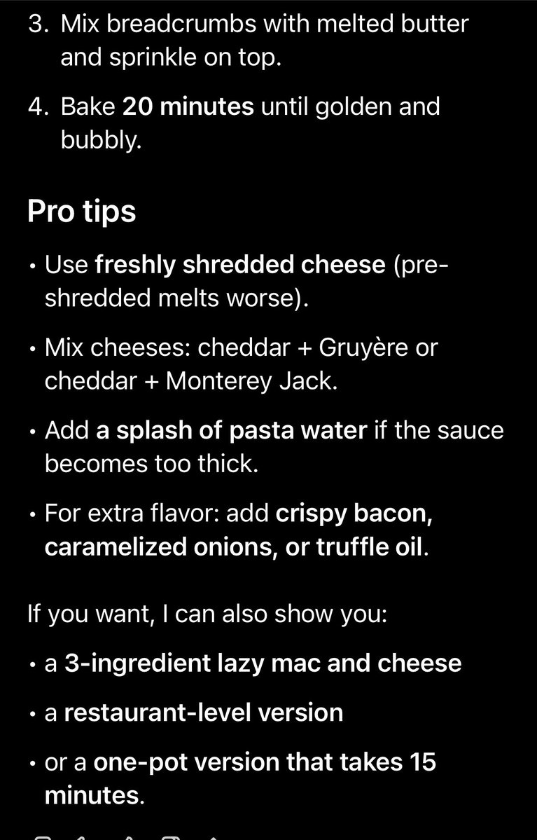 Anyone noticing how ChatGPT recently introduced endless loops?

They are optimizing to keep users interacting (+usage time)… aggressively 

Ask any question and it will always follow up with more tasks as suggestions 

Simple example with macaroni and cheese recipe 

After