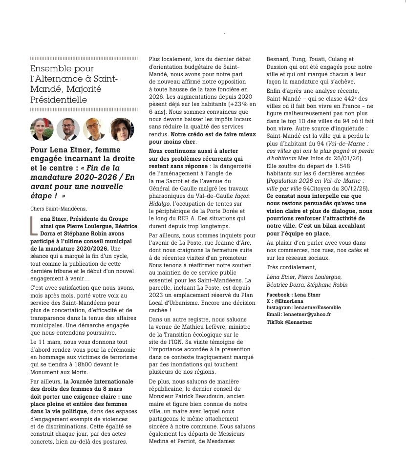 📢 Retrouvez notre tribune dans le Saint-Mandé Mag de mars page 34 :
 📌En vrac : de Gaulle, Sacrot, le RER A, le périphérique, la Poste;
📌 L'attractivité de Saint-Mandé;
📌  Le retrait de la vie politique de l'ancien Maire, d'adjoints et d'élus.
Bonne lecture!
J'❤️ Saint-Mandé