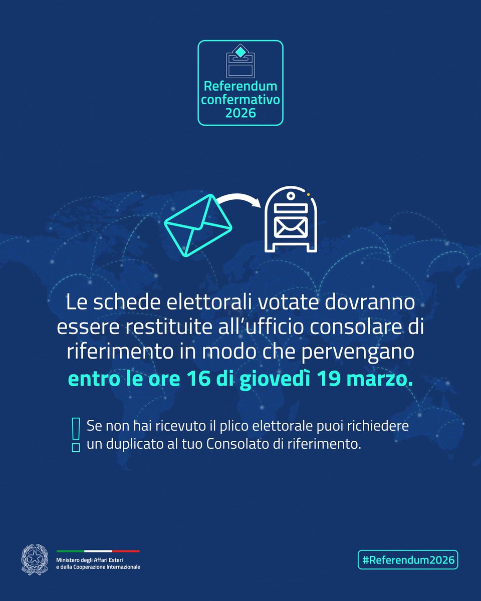 ItalyinDK's tweet photo. #referendum2026 

📣 La busta preaffrancata contenente le schede elettorali dovrà pervenire al consolato entro le ore 16:00 di giovedì 19 marzo. Se non hai ricevuto il plico per votare puoi richiedere un duplicato al tuo consolato di riferimento. 

https://t.co/ioQ4PQfBfO https://t.co/c5DGdJHGW2