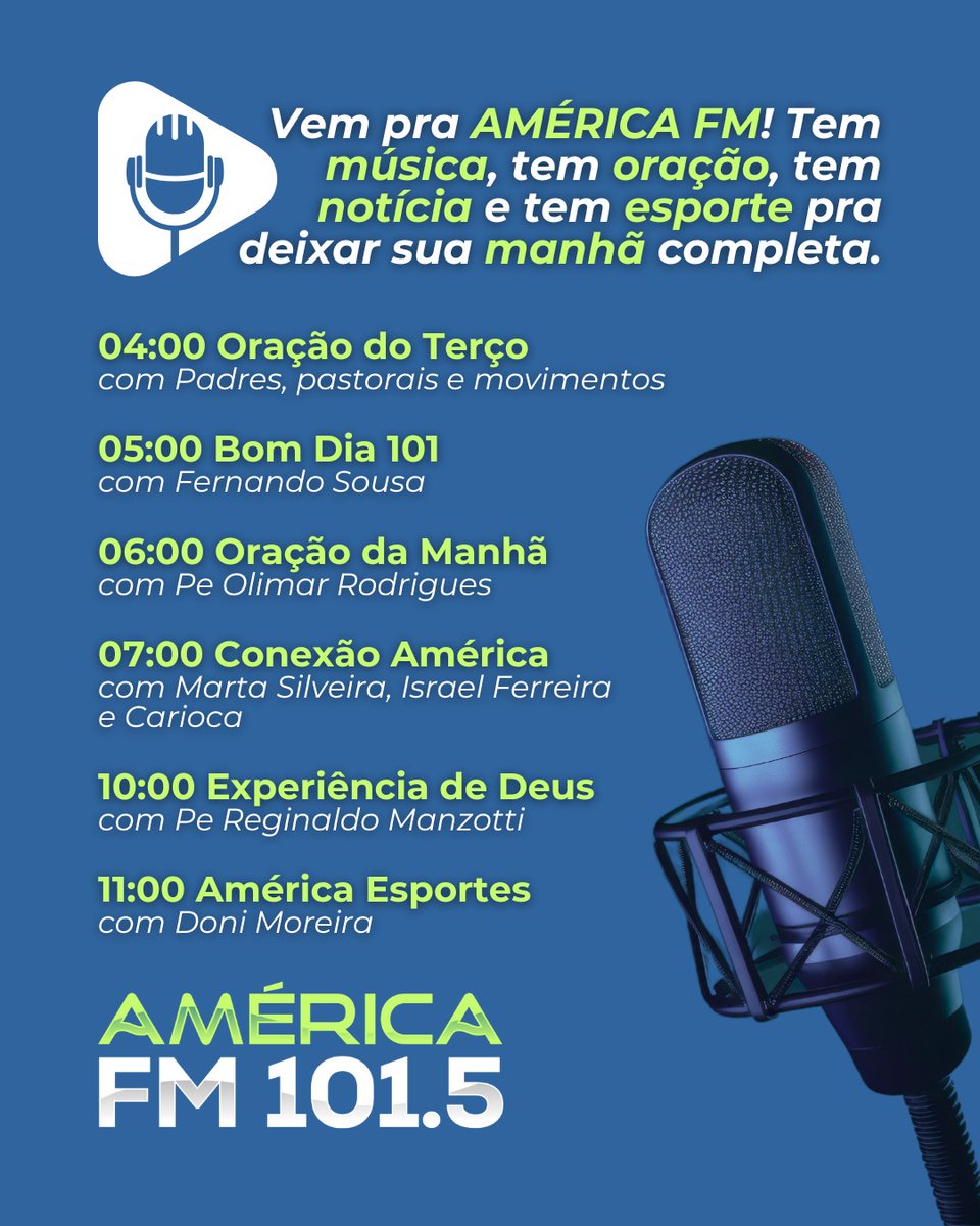 americafmudi's tweet photo. Vem pra AMÉRICA FM 101.5 e deixe sua manhã completa 📻

Tem música boa 🎶
Tem oração que fortalece 🙏
Tem notícia pra te informar 📰
E tem esporte pra você vibrar ⚽

👉 AMÉRICA FM 101.5 - mais rádio com você! https://t.co/FQBkc76kTY