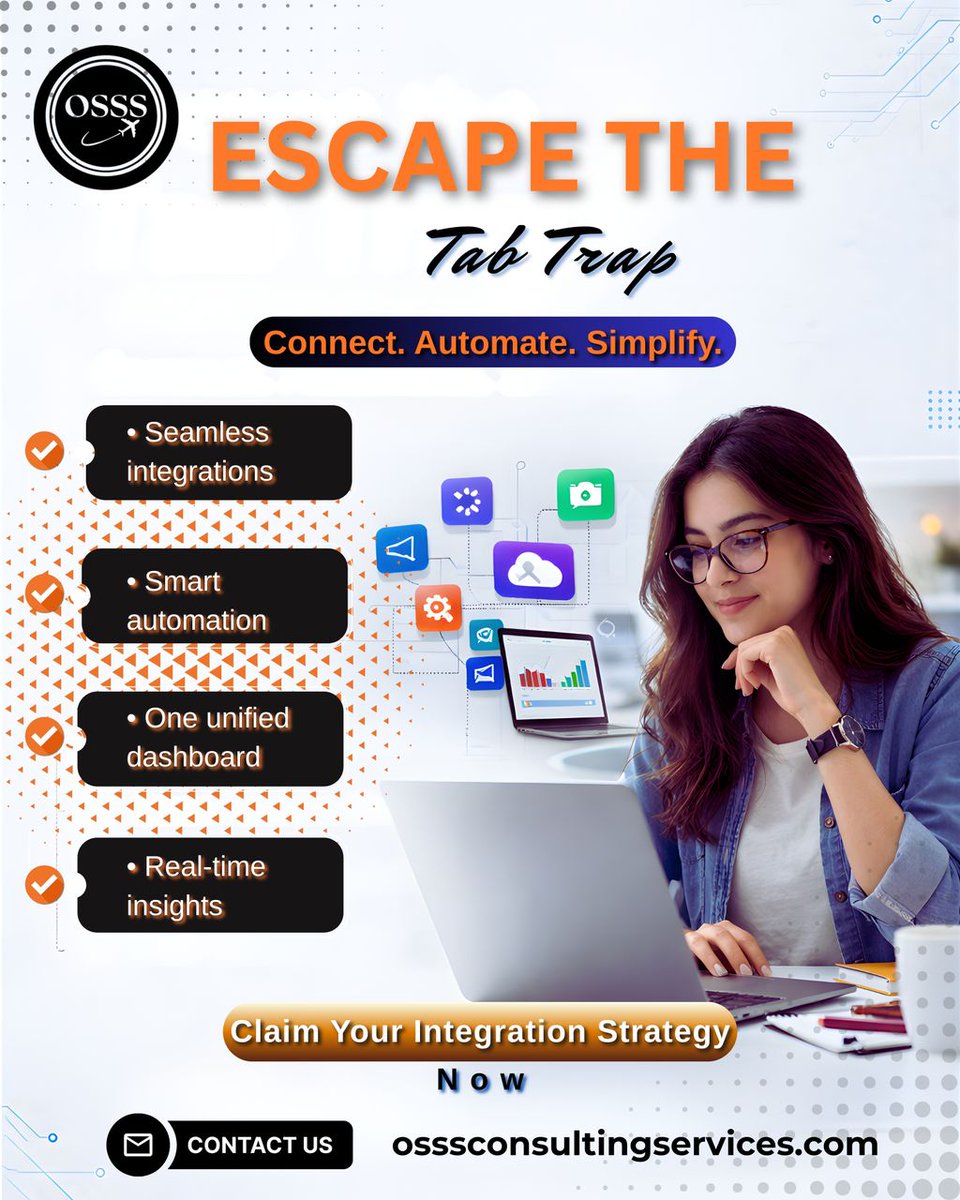 osssconsulting's tweet photo. Escape the Tab Trap
Ditch the 50-tab nightmare. OSSS unifies your workflow with seamless integrations and smart automation. Scale your impact without the clutter. ๐ปโจ
Claim Your Integration Strategy:
๐ https://t.co/e4Cem6sTd7
#Tech #Dev #UIUX #Automation #IntegrationStrategy https://t.co/4cNepoVg9a