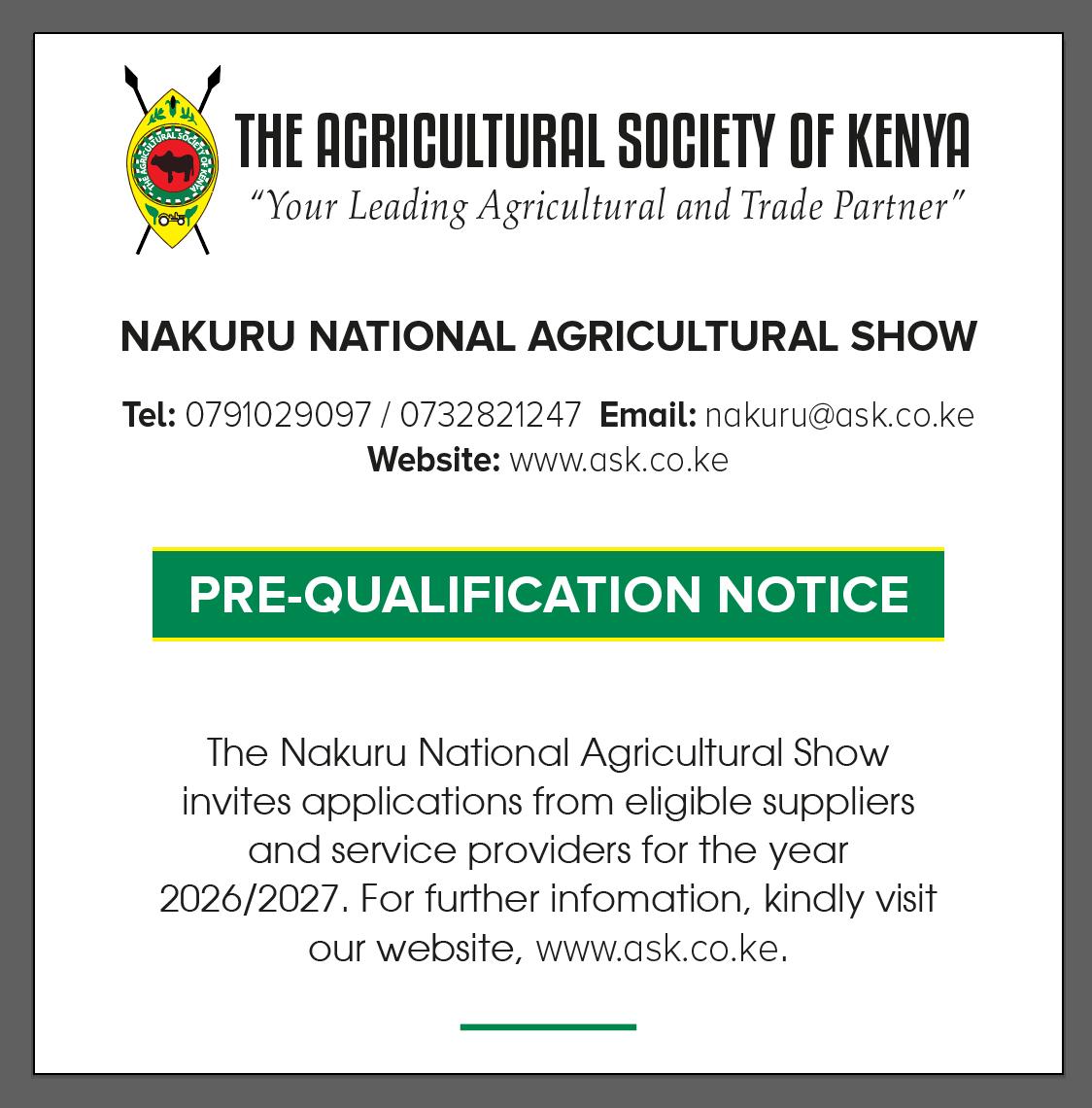 AgriSocietyOfKe's tweet photo. ATTENTION SUPPLIERS! 
The Nakuru National Agricultural Show invites pre-qualification applications for 2026/2027 suppliers & service providers.
✅ Docs: https://t.co/INTvFs9mLi or Nakuru Showground 
✅ Fee: Kshs 1,500 (Paybill 4165916) 
✅ Deadline: 23rd March, 5 PM
Let's make #NakuruShow2026 a success!
#Prequalification #Nakuru #ASK #BusinessKE