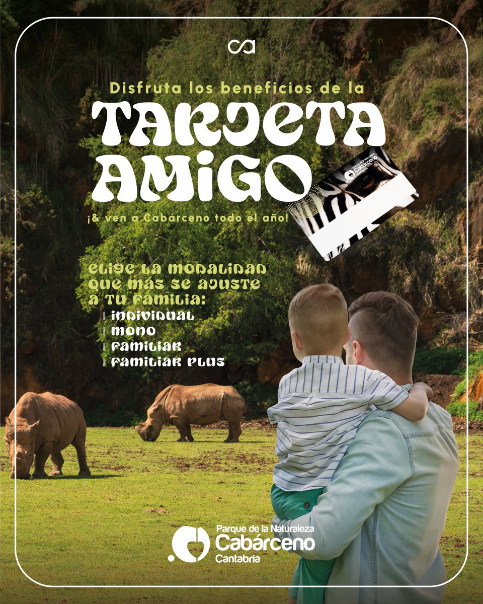 ¡#Cabárceno es de esos lugares a los que siempre apetece volver!
Con la #TarjetaAmigo podrás venir cuando quieras durante 1 año y tendrás:
🚡 Telecabina ilimitada
🛍️ Dto en tiendas
🍽️ Dto en menú
🦁 Dto en Visita Salvaje
Solicita la tuya👇parquedecabarceno.com/tarjeta-amigo/
#CabárcenoApetece