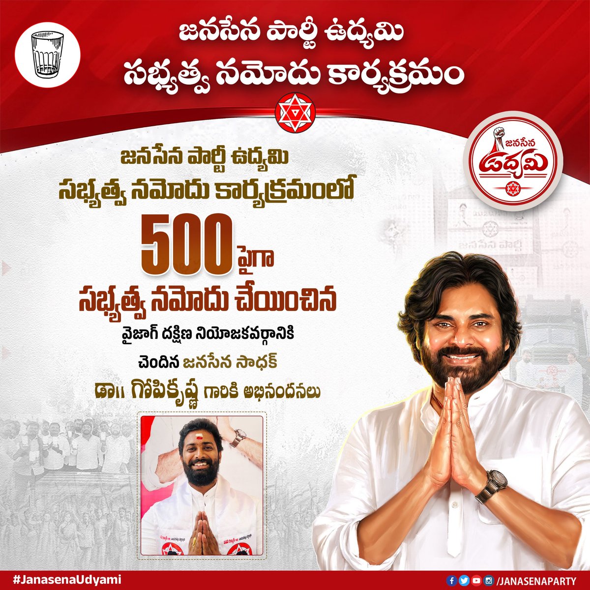 JanaSenaParty's tweet photo. జనసేన పార్టీ ఉద్యమి సభ్యత్వ నమోదు కార్యక్రమం

జనసేన పార్టీ ఉద్యమి సభ్యత్వ నమో��ు కార్యక్రమంలో భాగంగా 500 పైగా సభ్యత్వాలు నమోదు చేసిన విశాఖ దక్షిణ నియోజకవర్గానికి చెందిన జనసేన సాధక్ డా.గోపి కృష్ణ (GK) గారికి అభినందనలు.

#JanasenaUdyami https://t.co/atrxpL2dF9