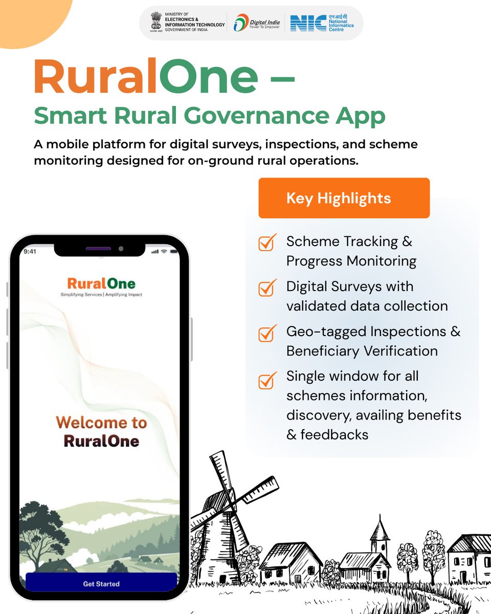 NICMeity's tweet photo. RuralOne App of @MoRD_GoI is transforming rural governance with smart, real-time field operations.

Replacing paperwork with seamless digital processes, it enables location-based inspections, beneficiary registration &amp; scheme monitoring via a secure, easy-to-use mobile platform. https://t.co/aS68qHrZh0