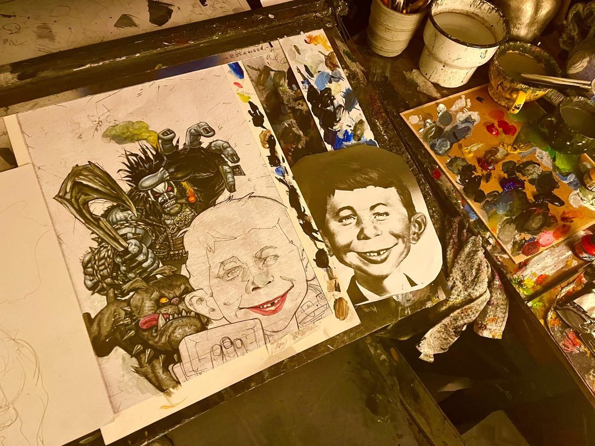 Simon_Bisley's tweet photo. Process art for the cover of the DC/MAD magazine collaboration. https://t.co/QUY4DF00OJ
