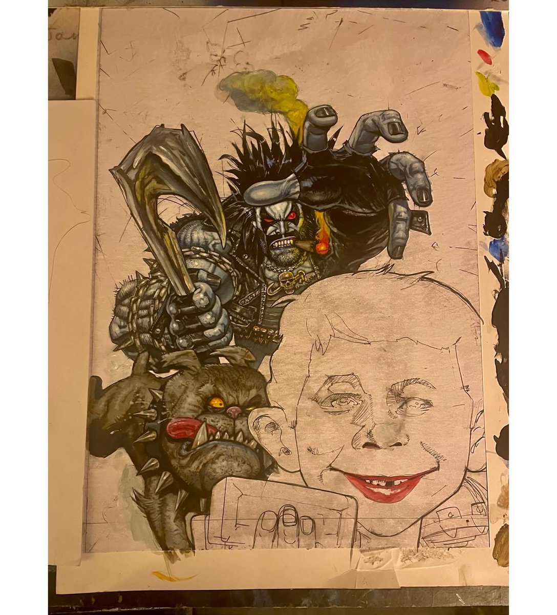 Simon_Bisley's tweet photo. Process art for the cover of the DC/MAD magazine collaboration. https://t.co/QUY4DF00OJ