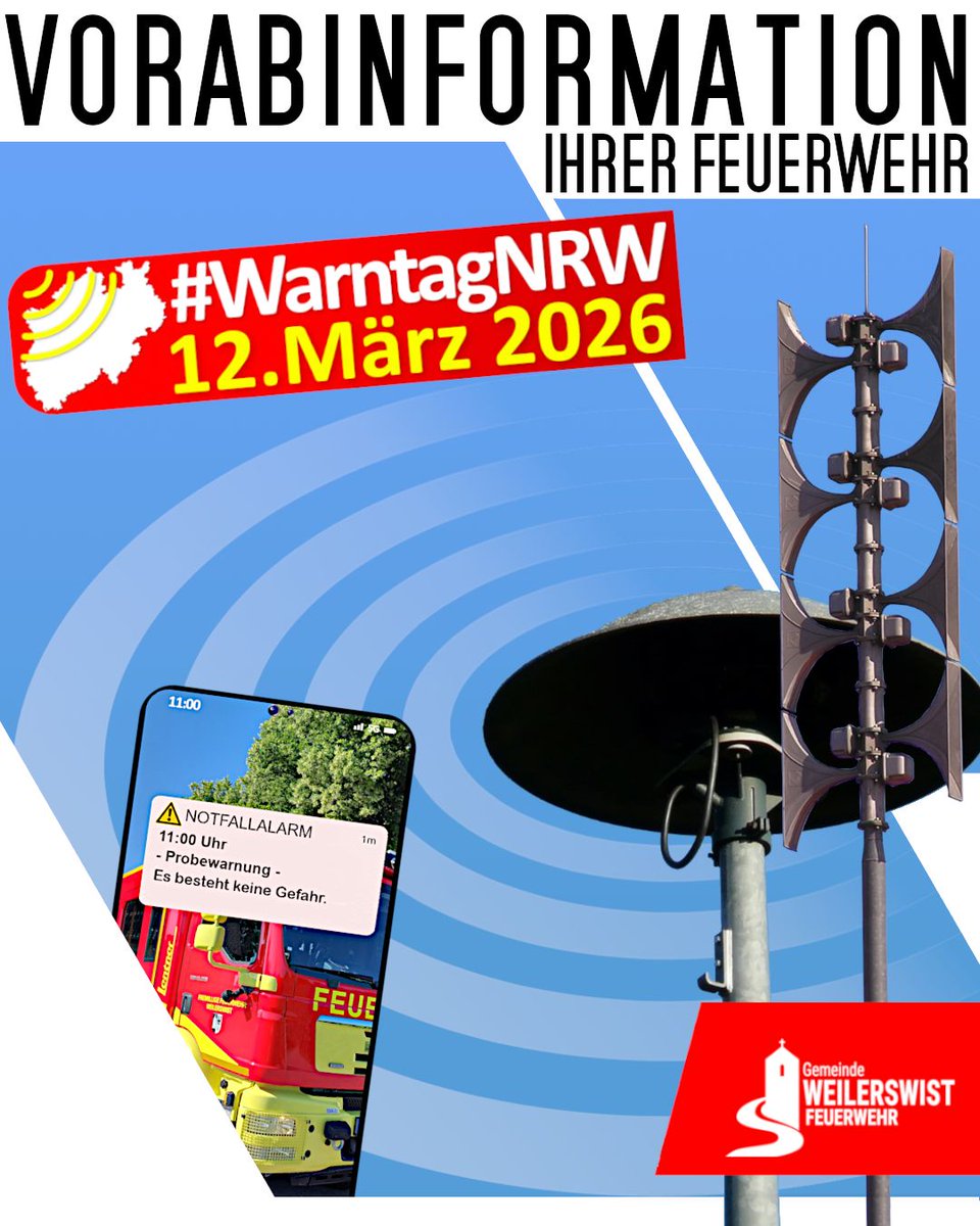 ffwweilerswist's tweet photo. 🚨  Termin-Ankündigung – bitte teilen!!! 🚨

Am Donnerstag 12.03.2026 findet der #WarntagNRW statt. 

Infos hier: https://t.co/DauaQudL6x

#feuerwehrweilerswist #5einheiteneinefeuerwehr #warntag2026  #warntagNRW #bevölkerungsschutz #WarnMixFürDeutschland #sirenen https://t.co/c2dNGqKW9B